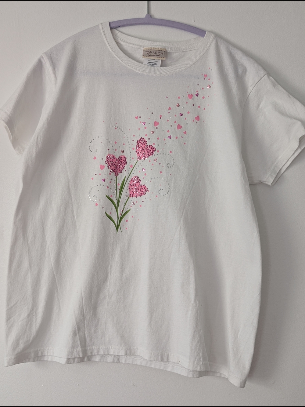 Top Stitch White Short-Sleeve Bedazzled Tee with Pink Hearts